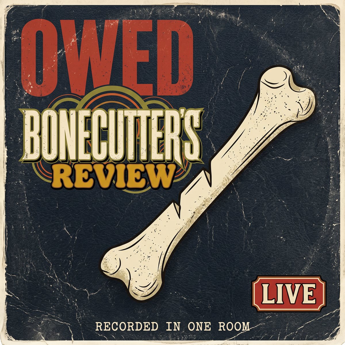 OWED (Live) album cover: a worn navy leather sleeve with a snapped bone
