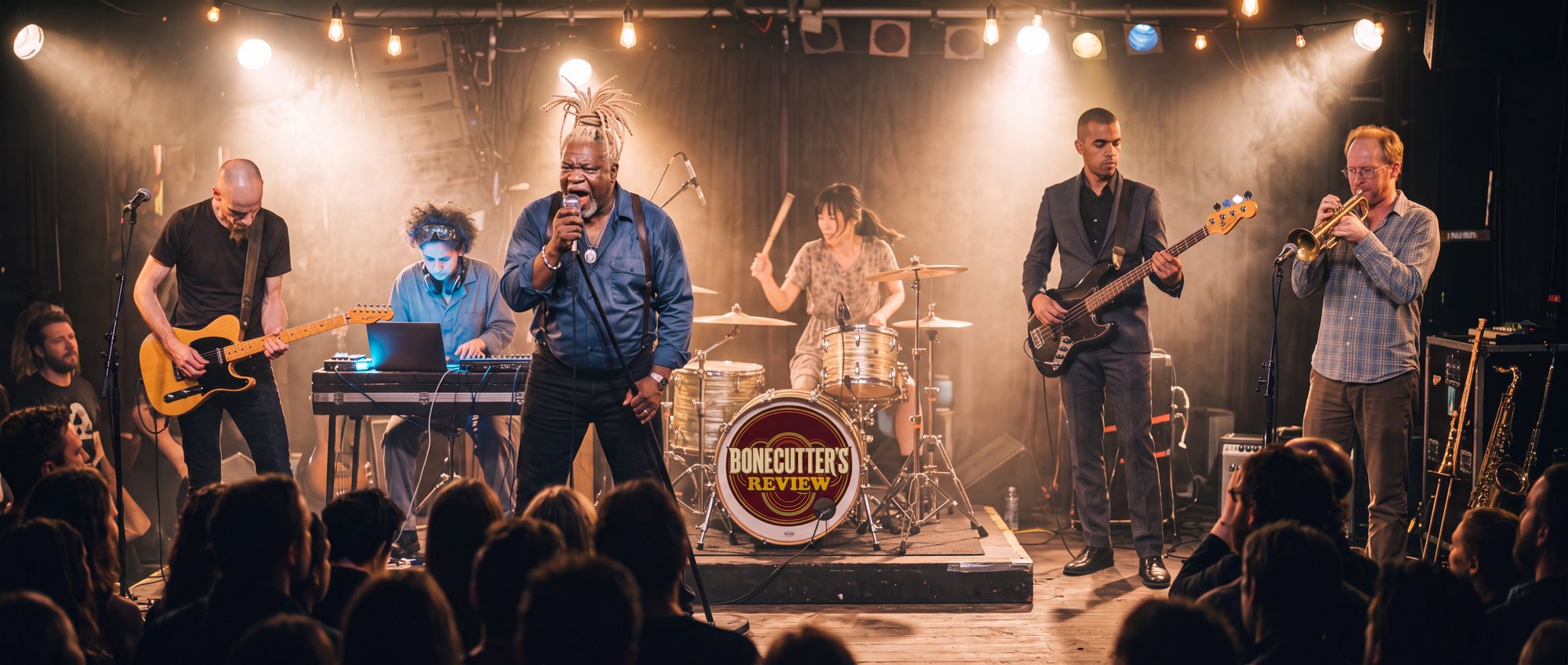 Bonecutter's Review on stage, the full six-piece behind the logo kick drum